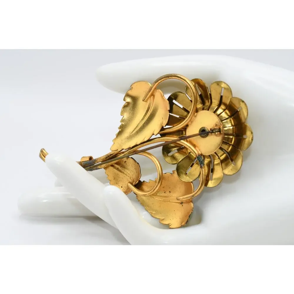 Vintage Large Flower Brooch Black Enamel Leaves Rhinestone Center Brass